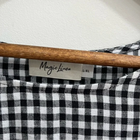Magic Linen Voluminous Linen Ruffle Sleeve Babydoll Dress Black White Gingham - Picture 13 of 14